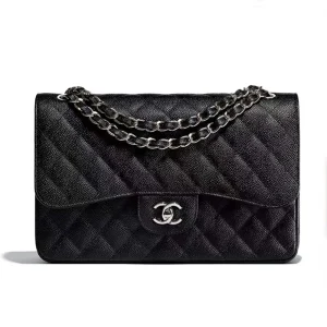 Chanel Women Large Classic Handbag in Grained Calfskin Silver Tone Metal-Black