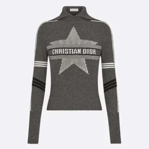 Dior Women DiorAlps Mock Neck Sweater Gray Virgin Wool and Cashmere Knit with White Dior Star Motif
