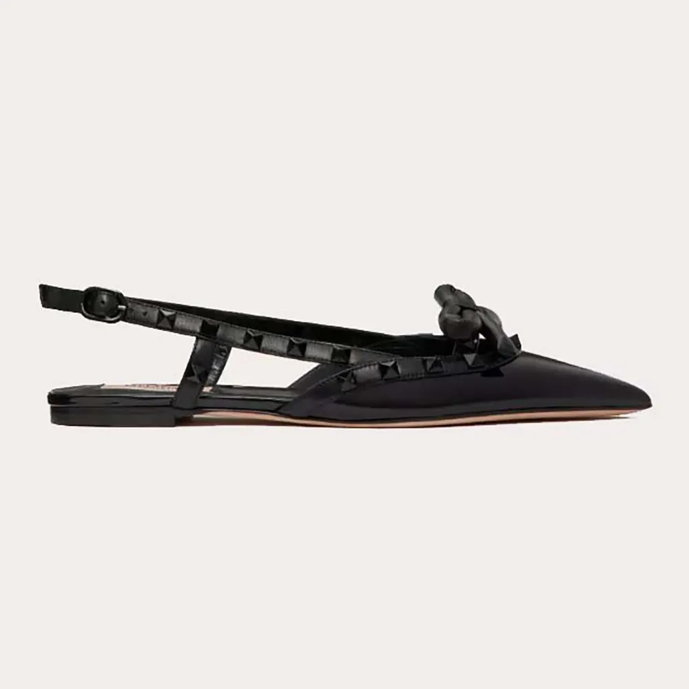 Valentino Women Rockstud Bow Slingback Ballerinas in Patent Leather with Tone-on-Tone Studs-Black