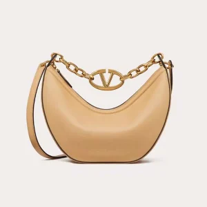 Valentino Women Small Vlogo Moon Hobo Bag in Grainy Calfskin with Chain-Sandy