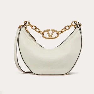 Valentino Women Small Vlogo Moon Hobo Bag in Grainy Calfskin with Chain-White