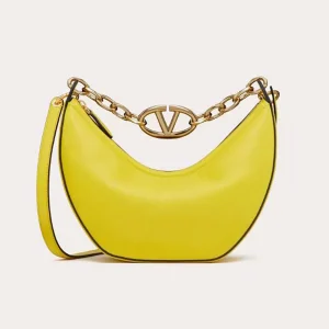 Valentino Women Small Vlogo Moon Hobo Bag in Grainy Calfskin with Chain-Yellow