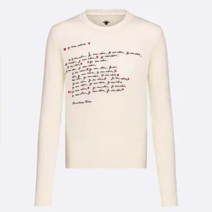 Dior Men Dioramour Embroidered Sweater White Cashmere Knit with Black and Red Je Vous Adore Motif