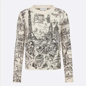 Dior Men Embroidered Sweater White and Black Cashmere Knit with Paris Allover Motif