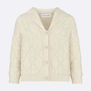 Dior Women Cannage Cardigan Ecru Blended Wool and Cashmere Textured Knit