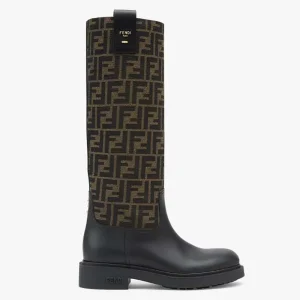 Fendi Women Filo Black Leather and Brown FF Fabric Boots