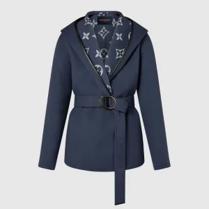 Louis Vuitton LV Women Signature Short Hooded Wrap Coat Wool Silk Petrol Blue Regular Fit